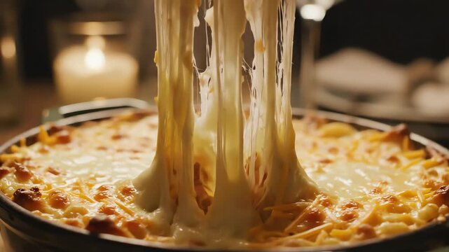 Close up of baked pasta dish with a person scooping a portion