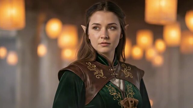 A young elf girlfriend with pointed ears, dressed in richly adorned medieval attire, stands solemnly in a softly lit setting filled with glowing lanterns