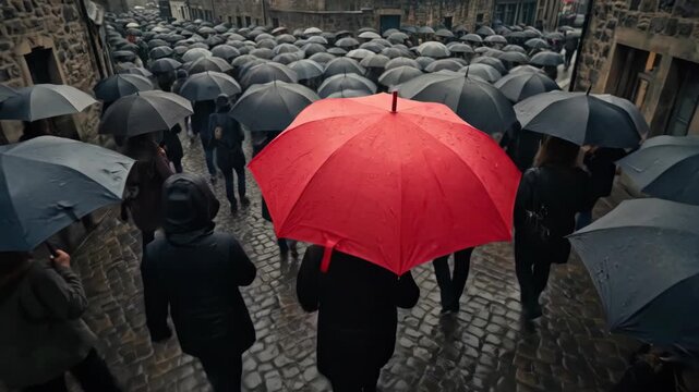 Red Umbrella Standing Out in Crowd of Black Umbrellas on Rainy City Street