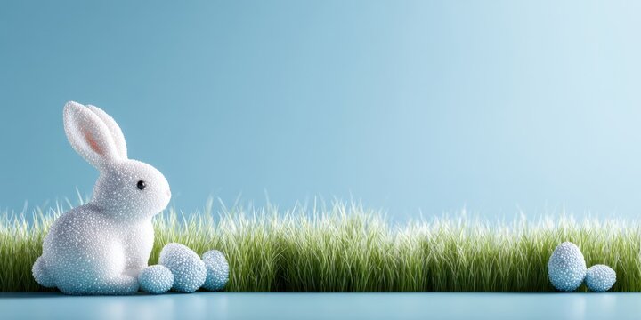 White bunny and decorative eggs on fresh grass with soft blue background for Easter display