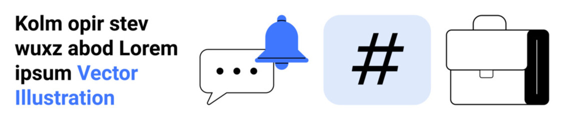 Obraz premium Notification bell, speech bubbles, metadata tag symbol, and outlined briefcase. Ideal for teamwork, communication, branding, organization, productivity messaging and a simple landing page