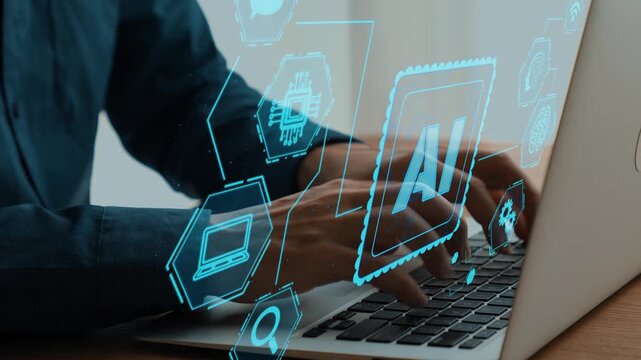 A dynamic workspace scene featuring hands typing on a laptop, enhanced with floating icons representing artificial intelligence and digital technology trends. Cipher