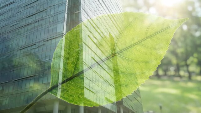 Double Exposure of Green Leaf and Corporate Building for Sustainability Business