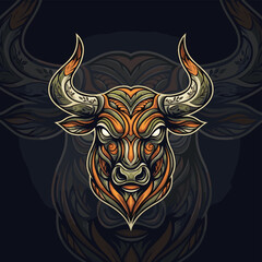 Stylized bull head illustration with intricate patterns on a dark background
