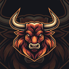 Powerful bull head illustration with strong horns and an aggressive expression