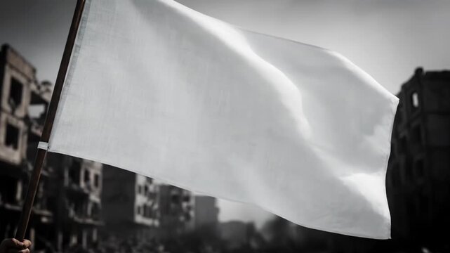 White Flag Waving in a Desaturated Urban Landscape.