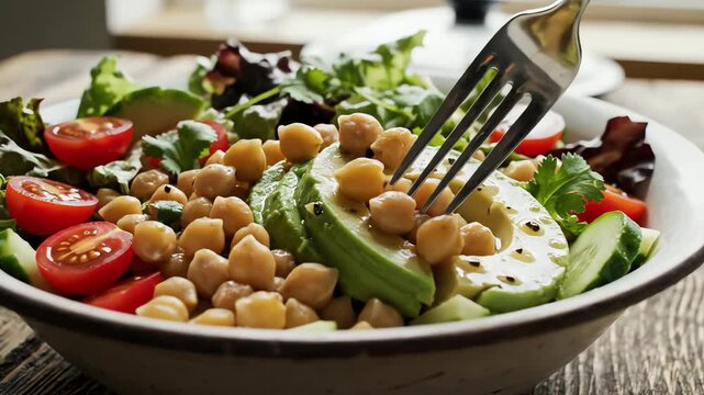 Fresh salad bowl with chickpeas tomatoes and avocado ready to eat