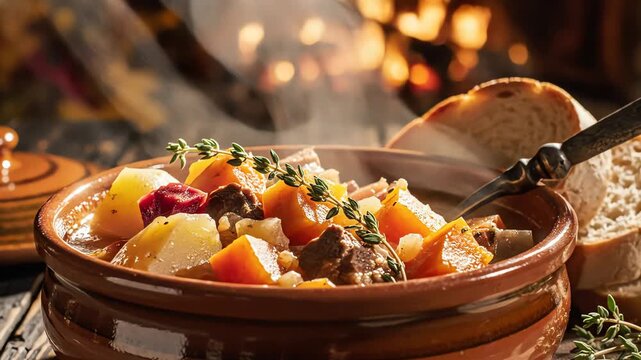 Hearty stew in rustic bowl with fresh bread and warm fireplace background