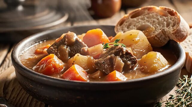 Hearty stew with vegetables and bread on wooden surface
