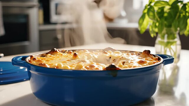 Steaming casserole dish on table with kitchen backdrop