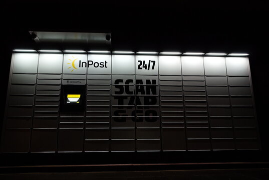 Inpost parcel locker at night at the Range store in Boston Lincs. UK. Feb 2026