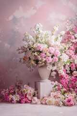 Obraz premium Romantic pink and white flower arrangement for a wedding, special event, or celebration setup with pastel clouds background