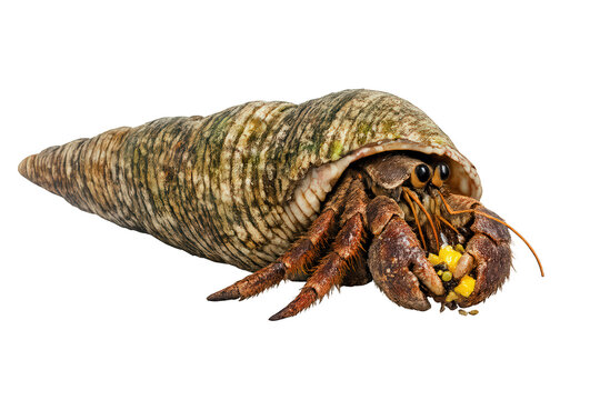 Hermit crab emerging from shell holding food, isolated terrestrial crustacean on transparent background