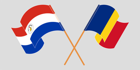 Crossed and waving flags of Republic of Paraguay and Romania. Vector illustration