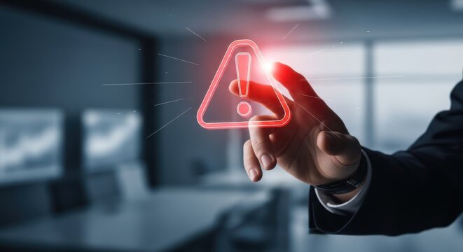 Business hand touching a virtual exclamation point to acknowledge a system alert.