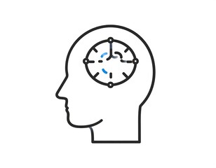 A minimalist line drawing of a human head with a clock inside