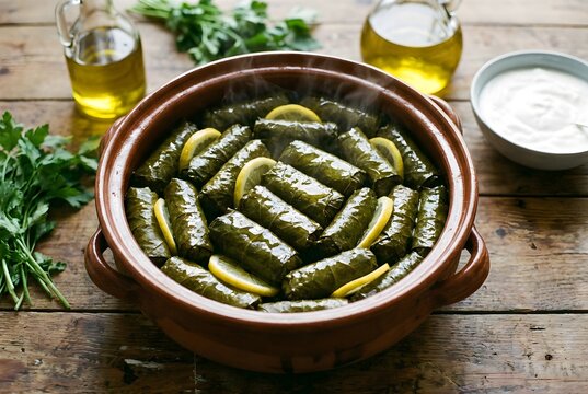 Pot full of delicious homemade stuffed vine leaves Dolma cooked with lemon slices