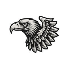 Fototapeta premium Stylized eagle head with powerful expression and partial wing on white background