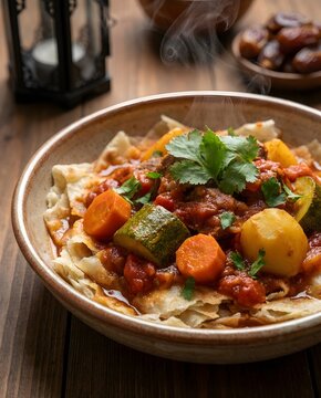 Close-up of authentic Thareed meat and vegetable stew over bread with steam