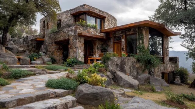 Medium shot of an ecofriendly house with natural stone walls earthtoned materials and a landscape designed to harmonize with the surrounding environment.