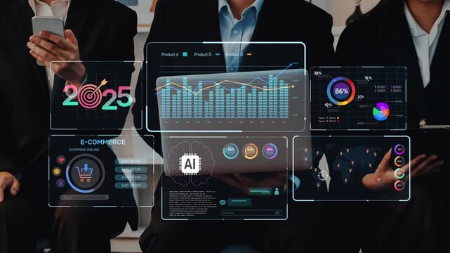 Futuristic digital interface showcasing e-commerce metrics and growth analytics. Ideal for illustrating business strategies and market trend analysis for 2025. Raster