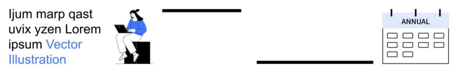 Time management, work productivity, remote work, planning, task scheduling, deadlines. A person uses a laptop linked via lines to a yearly calendar. Time management and work productivity concept
