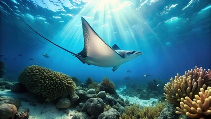 Majestic sting ray glides effortlessly through crystalclear waters of the Maldives coral reef