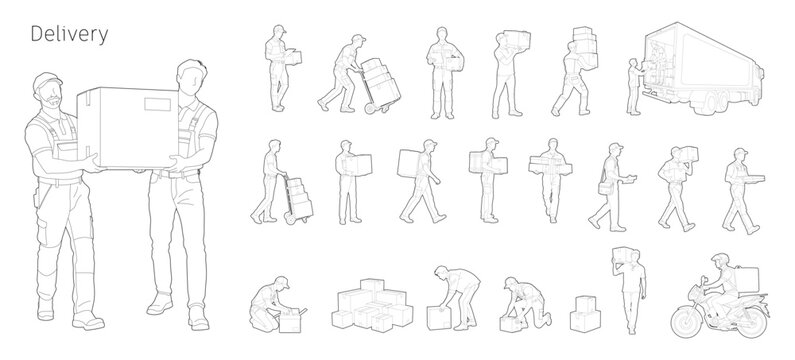 People for delivery project, package delivery personnel in CAD style line drawing. Architectural project