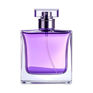 Elegant square glass perfume bottle filled with luxurious shimmering purple liquid featuring a silver atomizer and cap presentation&nbsp;