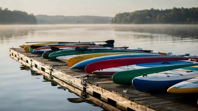Medium shot of kayaks and paddleboards neatly lined on a wooden dock soft morning light casting gentle reflections on calm water.