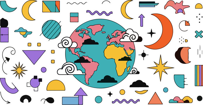 formas geom&eacute;tricas com planetas e formas de outras ilustra&ccedil;&otilde;es