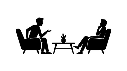 Fototapeta premium Two individuals engaged in a discussion while seated in armchairs, centered around a small table with a plant