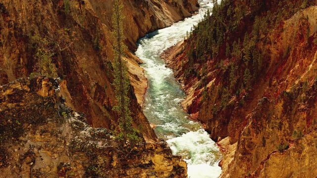 Amazing high view Yellowstone National park Wyoming USA green emerald color water river canyon and red cliff with pine trees on a sunny day 4k