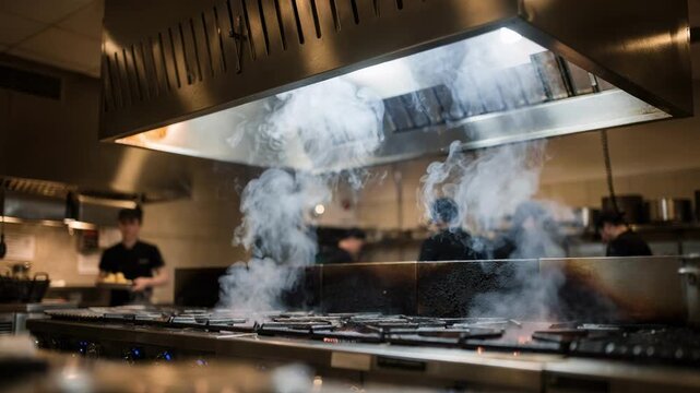 Overhead island ventilation system in focus capturing rising grease and smoke from multiple open grills while kitchen staff and equipment remain out of focus.