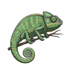 Obraz premium Green chameleon illustration with curled tail perched on a bare branch