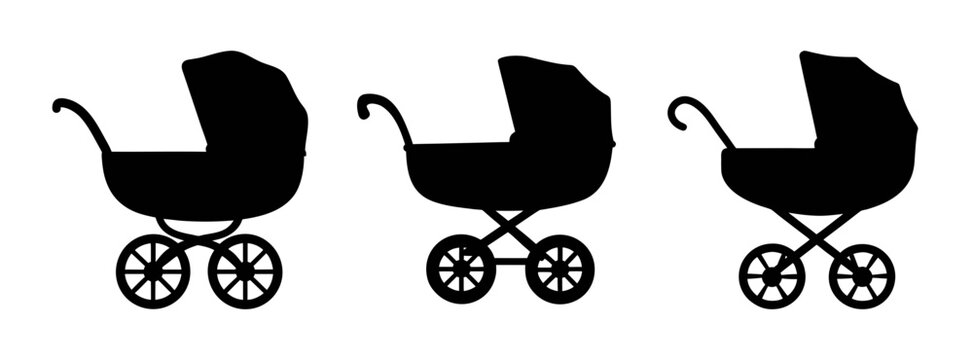 Baby strollers vector: vintage pram silhouettes for newborn child and infant transport design needs