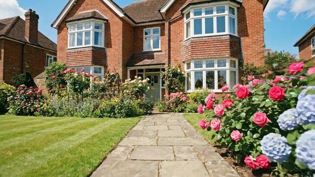 Red Brick English Detached House with Blooming Garden Flowers in Summer 4K