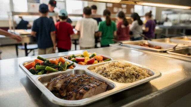 Middle school lunch service line with a focused tray featuring balanced portions of vegetables proteins and grains students and staff softly blurred behind.