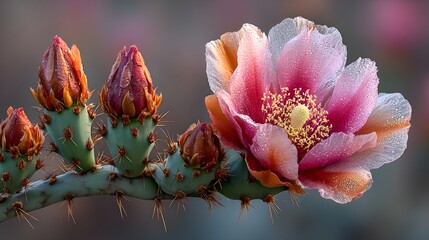 A vibrant prickly pear cactus flower blooms with delicate pink and orange petals, showcasing dew drops in early morning sunlight.