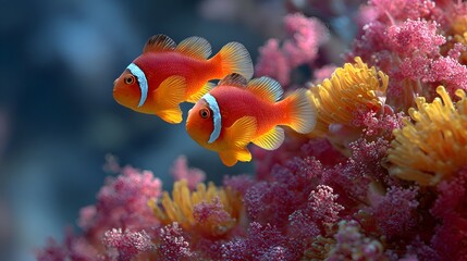 Obraz premium Two colorful clownfish swim near vibrant coral reefs in the clear blue ocean, showcasing the beauty of underwater marine life peacefully.