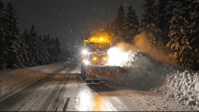 Snow Plow Truck Clearing Highway Snow at Night in Winter Forest
