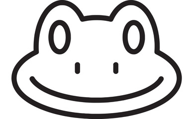 Frog face icon in bold black outline, cute smiling amphibian head symbol isolated on white background, minimal cartoon mascot logo for kids and web app UI
