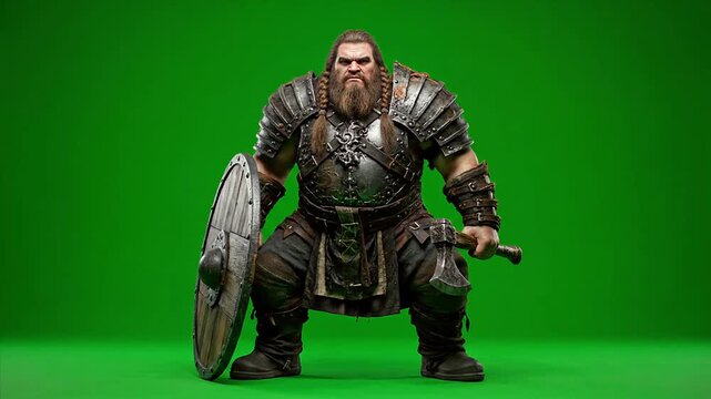 Realistic Dwarf Warrior in Heavy Armor with Axe and Shield on Green Screen - 8K 60FPS Loop
