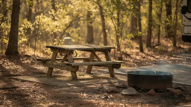 Sunlight filters through light woods onto a backin RV site focusing on the rustic picnic table and fire ring with softly blurred tree trunks and branches behind.