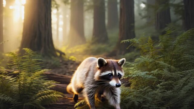Adorable raccoon exploring misty forest with sunlight filtering through trees