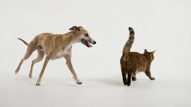 Whippet Dog Playfully Chasing Tabby Cat Animation on White Background
