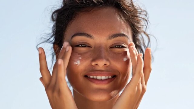 A woman smiles applying white cream to her cheek with her hand against a blue sky