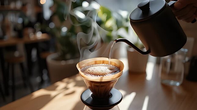 Barista carefully pours hot water from a gooseneck kettle over freshly ground coffee in a pour over V60 dripper filter, creating delicious steam during the brewing process.