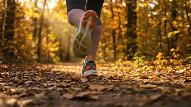 Close Up of Woman Jogging in Running Shoes on Autumn Forest Trail with Leaves