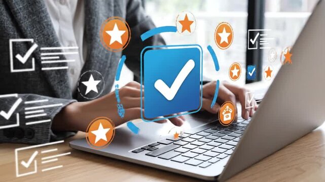 Person completing online feedback survey or digital quality assessment using a laptop keyboard with glowing approval checkmarks and star ratings overlayed